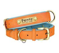 Personalised Leather Dog Collar, Soft Padded Leather Dog Collars Heavy Duty with Custom Engraved Name Plate Adjustable for Small Medium Large Dogs (Orange, S)