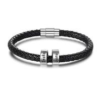 Personalised Leather Mens or Womens Bracelets Silver Name Rhoidum Beads Charm Bracelet for Dad Hand Stamped Engraved 2 Name ID Identity Braid Rope Bracelet Customised Father Grandad Birthday