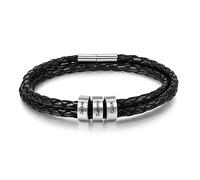 Personalised Leather Mens or Womens Bracelets Silver Name Stainless Steel Beads Charm Bracelet for Dad Hand Stamped Engraved 3 Name ID Identity Braid Bracelet Customised Father Grandad Birthday
