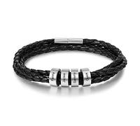 Personalised Leather Mens or Womens Bracelets Silver Name Stainless Steel Beads Charm Bracelet for Dad Hand Stamped Engraved 4 Name ID Identity Braid Bracelet Customised Father Grandad Birthday