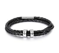 Personalised Leather Mens or Womens Bracelets Silver Name Stainless Steel Beads Charm Bracelet for Dad Hand Stamped Engraved 2 Name ID Identity Braid Bracelet Customised Father Grandad Birthday