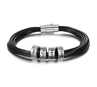Personalised Leather Mens or Womens Bracelets Sterling Silver Name Beads Charm Bracelets for Dad Strapping Leather Cord Engraved 4 Family Name ID Bracelet Customised Father Grandad Birthday