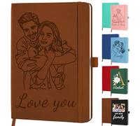 Personalised Leather Notebook Custom Journal Handmade Drawing Line Art Picture Notebooks with Engraved Name Text Photo Logo, Customised Birthday Office Business Gifts for Women Men Students Teacher