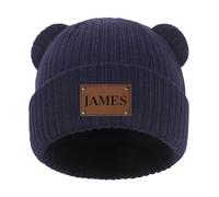 Personalised Leather Patch Beanie Hat for Kids,Custom Baby Beanie Caps Leather Patch Text Logo,Cute 100% Wool Acrylic,Design Your Own Warm Knitted Hat Unisex Gifts Navy
