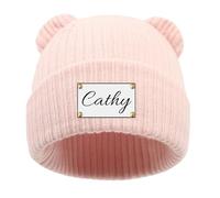 Personalised Leather Patch Beanie Hat for Kids,Custom Baby Beanie Caps Leather Patch Text Logo,Cute 100% Wool Acrylic,Design Your Own Warm Knitted Hat Unisex Gifts Pink