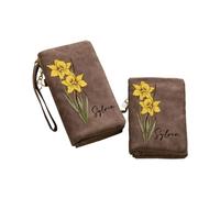 Personalised Leather Purse for Women, Custom Name Watercolour Birth Flower Tri-Fold Small Purses with Wristlet, Travel Wallet Long Coin Purse Clutch Cell Phone Bags Gift for Mom Wife Grandma