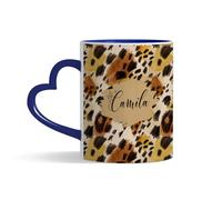Personalised Leopard Print Design - Custom Name Gift - Animal Print Style - Unique Customised Present for Him-Her, Kids, Friends & Family, Heart Handle Coffee, Tea Mug. (Navy Blue)