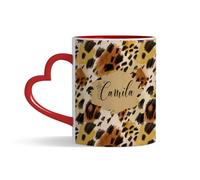 Personalised Leopard Print Design - Custom Name Gift - Animal Print Style - Unique Customised Present for Him-Her, Kids, Friends & Family, Heart Handle Coffee, Tea Mug. (Red)