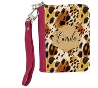 Personalised Leopard Print Design - Custom Name Gift - Animal Print Style - Unique Customised Present, Women's Small Leather Zip-Around Wallet, Credit Card Slots, Coin Purse, Pink.