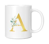 Personalised Letter A Floral Mug Initial, Customised Gift, Gold Effect Printed Letter, NOT Metallic - Ceramic Coffee Cup for Men or Women, Extra Large and Giant Mug, 20oz White Cup