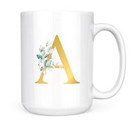 Personalised Letter A Floral Mug Initial, Customised Gift, Gold Effect Printed Letter, NOT Metallic - Ceramic Coffee Cup for Men or Women, Extra Large and Giant Mug, 15oz White Cup