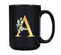 Personalised Letter A Floral Mug Initial, Customised Gift, Gold Effect Printed Letter, NOT Metallic - Ceramic Coffee Cup for Men or Women, Extra Large and Giant Mug, 15oz Black Cup