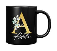 Personalised Letter A Floral Mug Initial with Name, Customised Gift, Gold Effect Printed Letter, NOT Metallic - Ceramic Coffee Cup for Men or Women, Extra Large and Giant Mug, 11oz Black Cup
