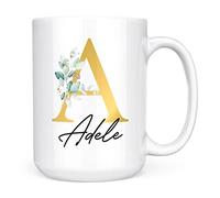 Personalised Letter A Floral Mug Initial with Name, Customised Gift, Gold Effect Printed Letter, NOT Metallic - Ceramic Coffee Cup for Men or Women, Extra Large and Giant Mug, 15oz White Cup