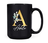 Personalised Letter A Floral Mug Initial with Name, Customised Gift, Gold Effect Printed Letter, NOT Metallic - Ceramic Coffee Cup for Men or Women, Extra Large and Giant Mug, 15oz Black Cup