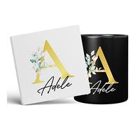 Personalised Letter A Floral Mug Initial with Name, Customised Gift, Gold Effect Printed Letter, NOT Metallic - Ceramic Coffee Cup for Men or Women, Extra Large and Giant Mug, 11oz Black Cup & Coaster