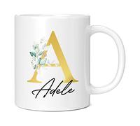 Personalised Letter A Floral Mug Initial with Name, Customised Gift, Gold Effect Printed Letter, NOT Metallic - Ceramic Coffee Cup for Men or Women, Extra Large and Giant Mug, 11oz White Cup