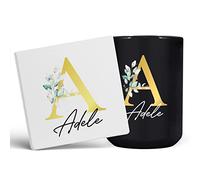 Personalised Letter A Floral Mug Initial with Name, Customised Gift, Gold Effect Printed Letter, NOT Metallic - Ceramic Coffee Cup for Men or Women, Extra Large and Giant Mug, 15oz Black Cup & Coaster