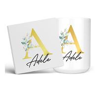 Personalised Letter A Floral Mug Initial with Name, Customised Gift, Gold Effect Printed Letter, NOT Metallic - Ceramic Coffee Cup for Men or Women, Extra Large and Giant Mug, 15oz White Cup & Coaster