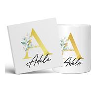 Personalised Letter A Floral Mug Initial with Name, Customised Gift, Gold Effect Printed Letter, NOT Metallic - Ceramic Coffee Cup for Men or Women, Extra Large and Giant Mug, 11oz White Cup & Coaster