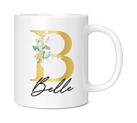 Personalised Letter B Floral Mug Initial with Name, Customised Gift, Gold Effect Printed Letter, NOT Metallic - Ceramic Coffee Cup for Men or Women, Extra Large and Giant Mug, 11oz White Cup