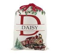 Personalised Letter D Christmas Santa Sack, Extra Large Alphabet Stocking Gift Bag with Red Drawstring Ties for Xmas Gifts - Watercolour Steam Train