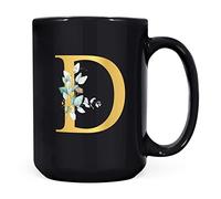 Personalised Letter D Floral Mug Initial, Customised Gift, Gold Effect Printed Letter, NOT Metallic - Ceramic Coffee Cup for Men or Women, Extra Large and Giant Mug, 15oz Black Cup