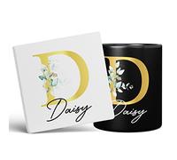 Personalised Letter D Floral Mug Initial with Name, Customised Gift, Gold Effect Printed Letter, NOT Metallic - Ceramic Coffee Cup for Men or Women, Extra Large and Giant Mug, 11oz Black Cup & Coaster