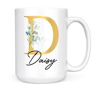 Personalised Letter D Floral Mug Initial with Name, Customised Gift, Gold Effect Printed Letter, NOT Metallic - Ceramic Coffee Cup for Men or Women, Extra Large and Giant Mug, 15oz White Cup