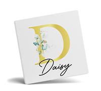 Personalised Letter D Floral Mug Initial with Name, Customised Gift, Gold Effect Printed Letter, NOT Metallic - Ceramic Coffee Cup for Men or Women, Extra Large and Giant Mug, Coaster