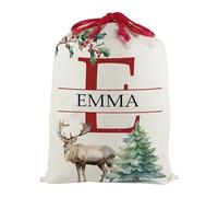 Personalised Letter E Christmas Santa Sack, Extra Large Alphabet Stocking Gift Bag with Red Drawstring Ties for Xmas Gifts - Watercolour Reindeer