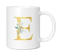 Personalised Letter E Floral Mug Initial, Customised Gift, Gold Effect Printed Letter, NOT Metallic - Ceramic Coffee Cup for Men or Women, Extra Large and Giant Mug, 20oz White Cup