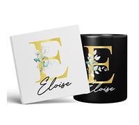 Personalised Letter E Floral Mug Initial with Name, Customised Gift, Gold Effect Printed Letter, NOT Metallic - Ceramic Coffee Cup for Men or Women, Extra Large and Giant Mug, 11oz Black Cup & Coaster