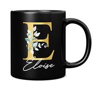Personalised Letter E Floral Mug Initial with Name, Customised Gift, Gold Effect Printed Letter, NOT Metallic - Ceramic Coffee Cup for Men or Women, Extra Large and Giant Mug, 11oz Black Cup