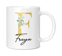 Personalised Letter F Floral Mug Initial with Name, Customised Gift, Gold Effect Printed Letter, NOT Metallic - Ceramic Coffee Cup for Men or Women, Extra Large and Giant Mug, 11oz White Cup