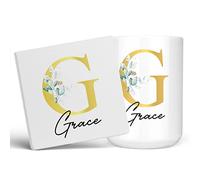 Personalised Letter G Floral Mug Initial with Name, Customised Gift, Gold Effect Printed Letter, NOT Metallic - Ceramic Coffee Cup for Men or Women, Extra Large and Giant Mug, 15oz White Cup & Coaster