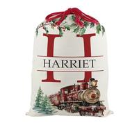 Personalised Letter H Christmas Santa Sack, Extra Large Alphabet Stocking Gift Bag with Red Drawstring Ties for Xmas Gifts - Watercolour Steam Train