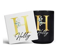 Personalised Letter H Floral Mug Initial with Name, Customised Gift, Gold Effect Printed Letter, NOT Metallic - Ceramic Coffee Cup for Men or Women, Extra Large and Giant Mug, 15oz Black Cup & Coaster