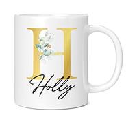 Personalised Letter H Floral Mug Initial with Name, Customised Gift, Gold Effect Printed Letter, NOT Metallic - Ceramic Coffee Cup for Men or Women, Extra Large and Giant Mug, 11oz White Cup