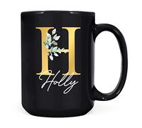 Personalised Letter H Floral Mug Initial with Name, Customised Gift, Gold Effect Printed Letter, NOT Metallic - Ceramic Coffee Cup for Men or Women, Extra Large and Giant Mug, 15oz Black Cup