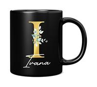 Personalised Letter I Floral Mug Initial with Name, Customised Gift, Gold Effect Printed Letter, NOT Metallic - Ceramic Coffee Cup for Men or Women, Extra Large and Giant Mug, 11oz Black Cup