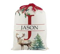 Personalised Letter J Christmas Santa Sack, Extra Large Alphabet Stocking Gift Bag with Red Drawstring Ties for Xmas Gifts - Watercolour Reindeer
