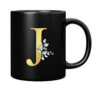 Personalised Letter J Floral Mug Initial, Customised Gift, Gold Effect Printed Letter, NOT Metallic - Ceramic Coffee Cup for Men or Women, Extra Large and Giant Mug, 11oz Black Mug