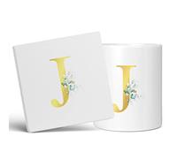 Personalised Letter J Floral Mug Initial, Customised Gift, Gold Effect Printed Letter, NOT Metallic - Ceramic Coffee Cup for Men or Women, Extra Large and Giant Mug, 11oz White Mug & Coaster