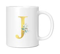 Personalised Letter J Floral Mug Initial, Customised Gift, Gold Effect Printed Letter, NOT Metallic - Ceramic Coffee Cup for Men or Women, Extra Large and Giant Mug, 20oz White Mug