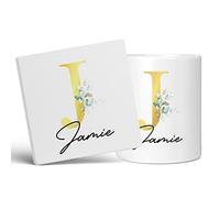 Personalised Letter J Floral Mug Initial with Name, Customised Gift, Gold Effect Printed Letter, NOT Metallic - Ceramic Coffee Cup for Men or Women, Extra Large and Giant Mug, 11oz White Cup & Coaster