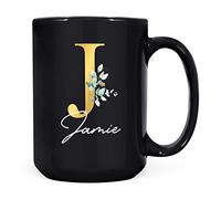 Personalised Letter J Floral Mug Initial with Name, Customised Gift, Gold Effect Printed Letter, NOT Metallic - Ceramic Coffee Cup for Men or Women, Extra Large and Giant Mug, 15oz Black Mug