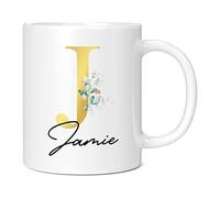 Personalised Letter J Floral Mug Initial with Name, Customised Gift, Gold Effect Printed Letter, NOT Metallic - Ceramic Coffee Cup for Men or Women, Extra Large and Giant Mug, 20oz White Mug