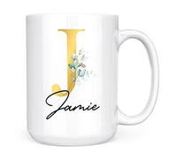 Personalised Letter J Floral Mug Initial with Name, Customised Gift, Gold Effect Printed Letter, NOT Metallic - Ceramic Coffee Cup for Men or Women, Extra Large and Giant Mug, 15oz White Mug