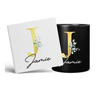 Personalised Letter J Floral Mug Initial with Name, Customised Gift, Gold Effect Printed Letter, NOT Metallic - Ceramic Coffee Cup for Men or Women, Extra Large and Giant Mug, 11oz Black Mug & Coaster